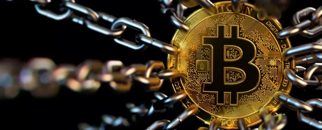 moeda de bitcoin com correntes em volta