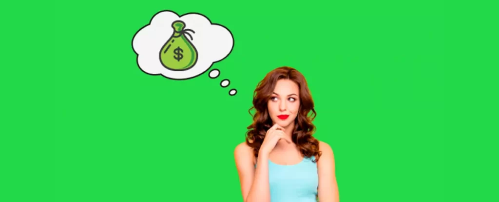 mulher pensando em dinheiro com fundo verde