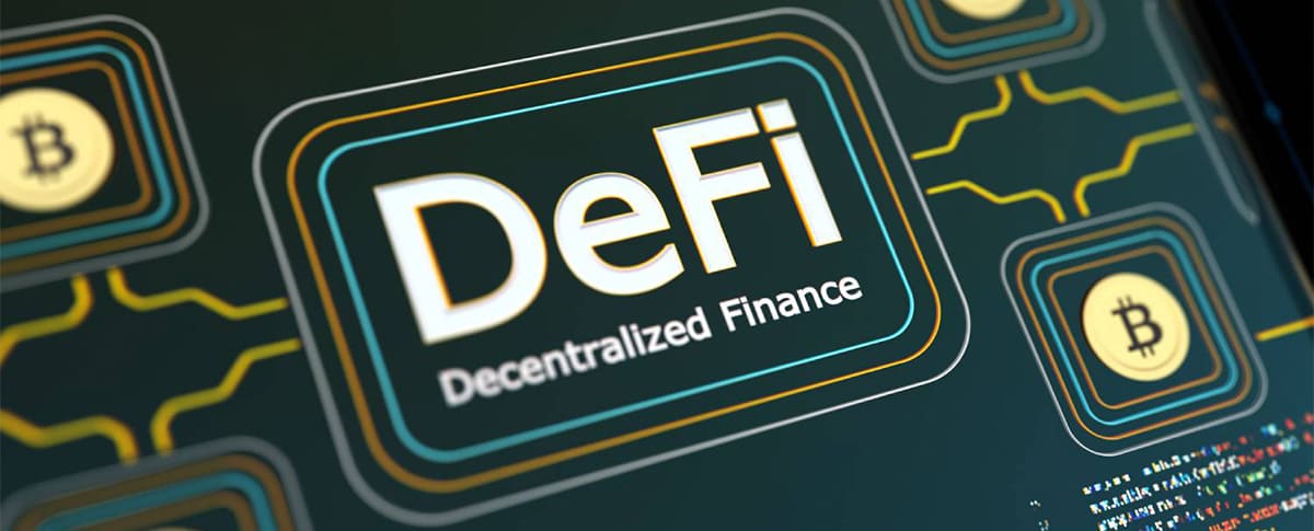 Imagem de processador de computador com a sigla DeFi que significa Finanças Descentralizadas