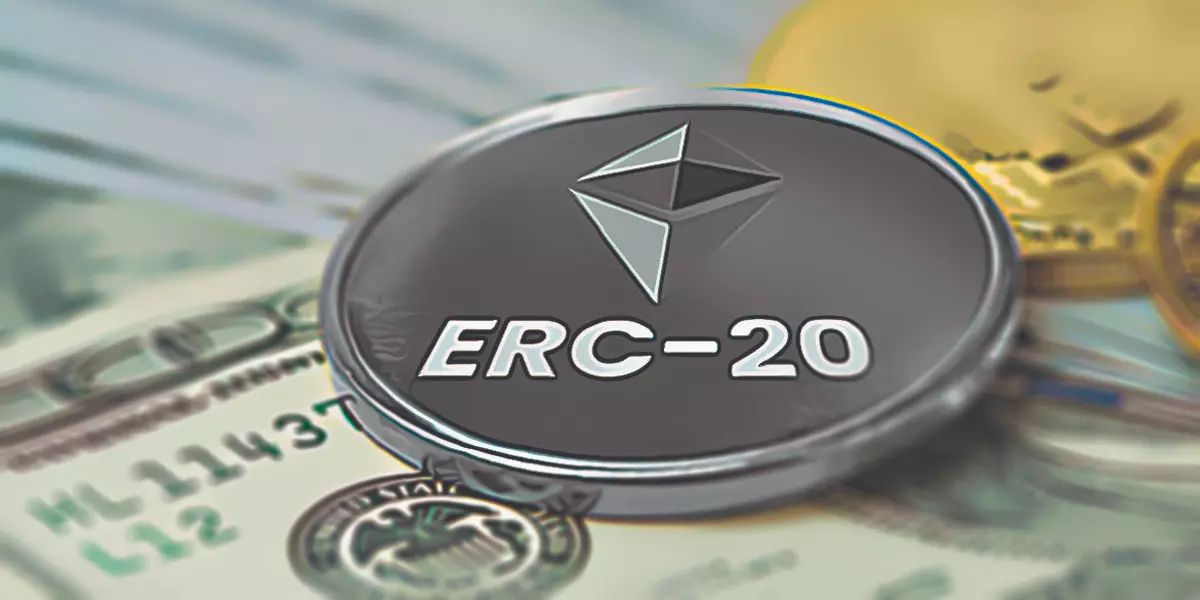 imagem de uma moeda de ethereum escrito erc-20 em cima de notas de dólares