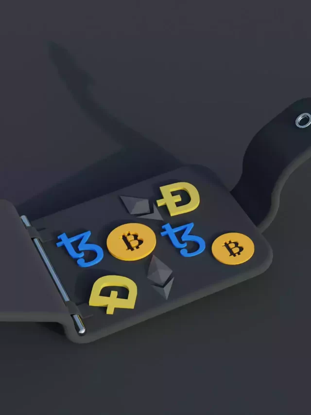 carteira preta aberta com varios simbolos de bitcoin ethereum dai