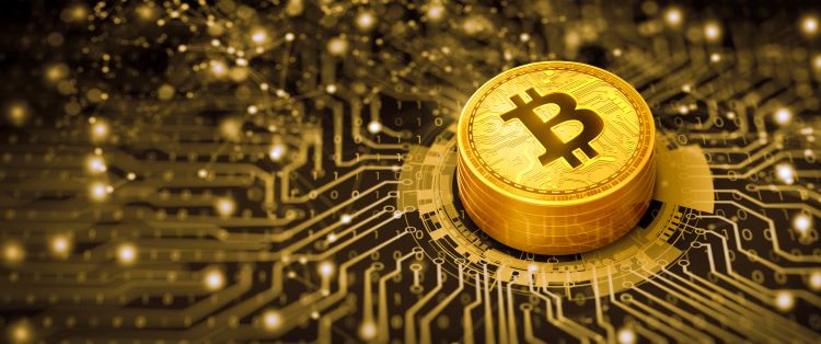 bitcoin em cima de circuitos de uma placa mae