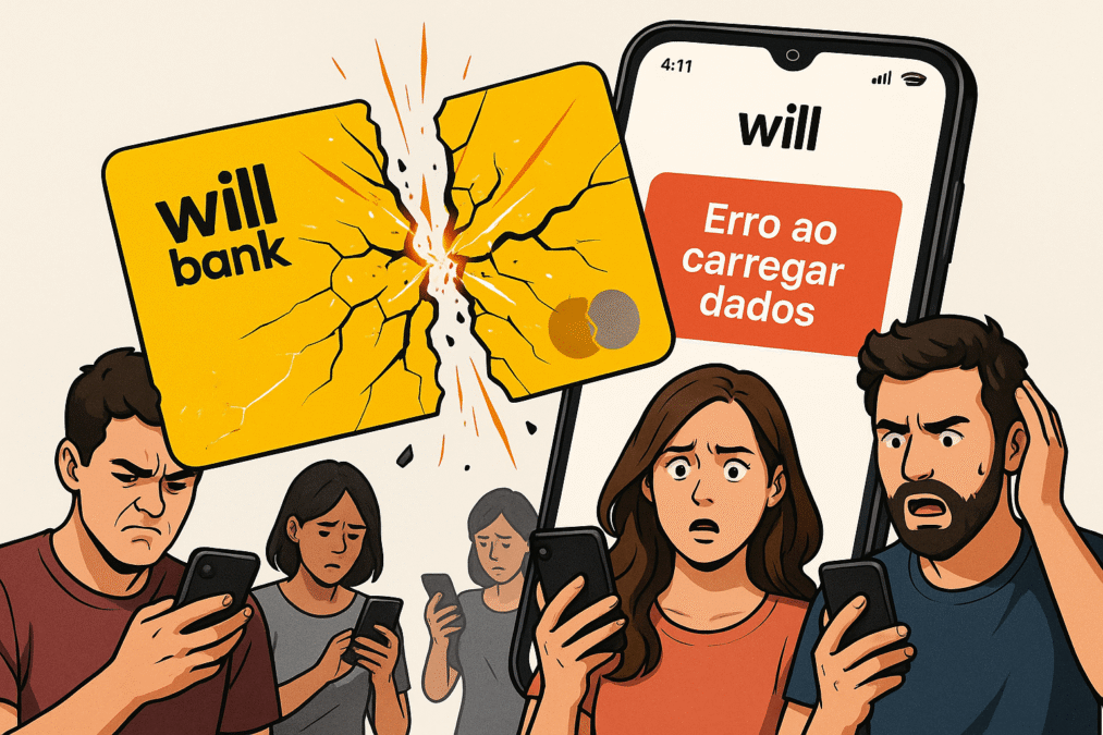 Cartão amarelo do Will Bank rachado ao meio com faíscas, app com erro no celular e pessoas frustradas ao fundo.
