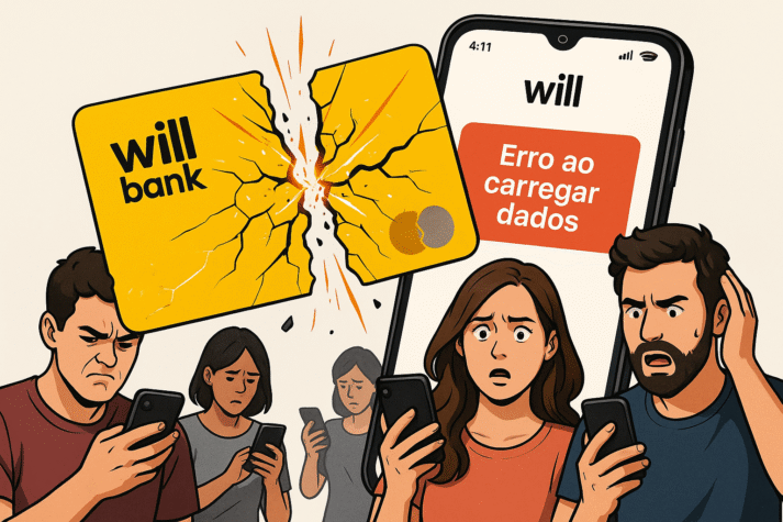 Cartão amarelo do Will Bank rachado ao meio com faíscas, app com erro no celular e pessoas frustradas ao fundo.
