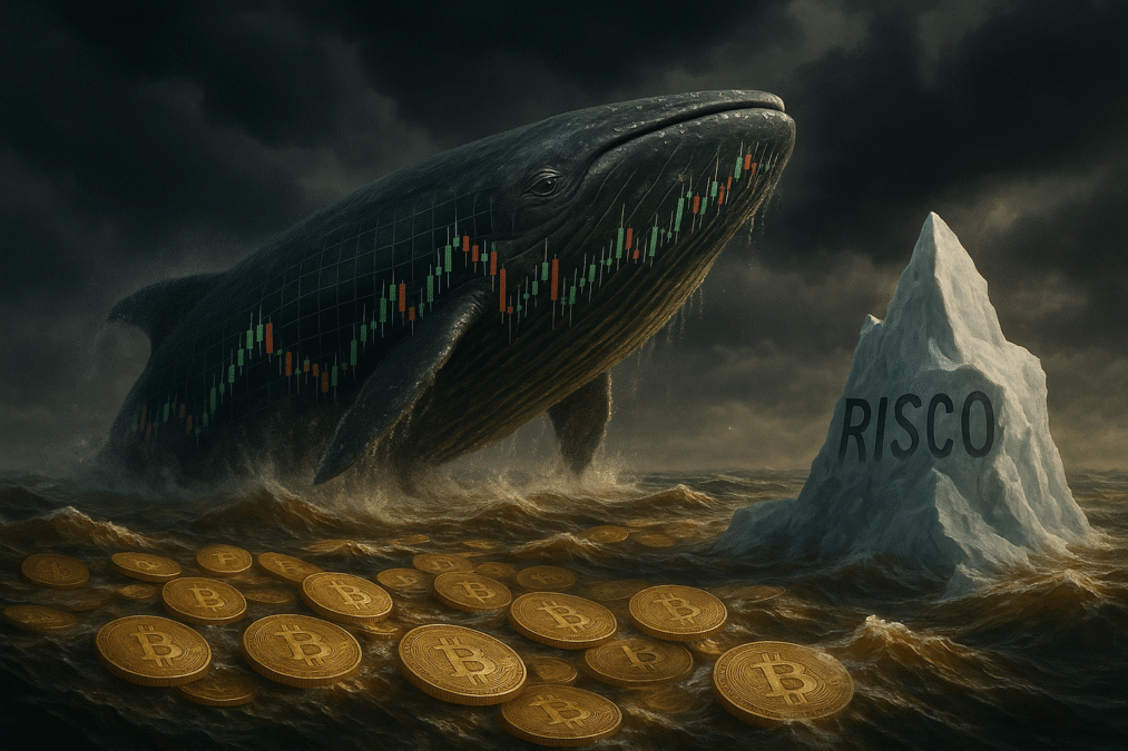 Baleia formada por gráficos de blockchain nada em mar turbulento com moedas de Bitcoin e iceberg escrito "Risco" ao fundo, simbolizando alerta no mercado cripto.