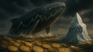 Baleia formada por gráficos de blockchain nada em mar turbulento com moedas de Bitcoin e iceberg escrito "Risco" ao fundo, simbolizando alerta no mercado cripto.