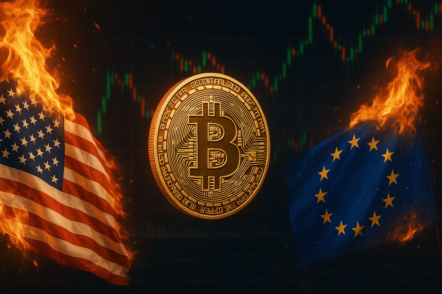 Bitcoin pairando sobre mapa rachado entre EUA e UE, simbolizando impacto das tensões comerciais.