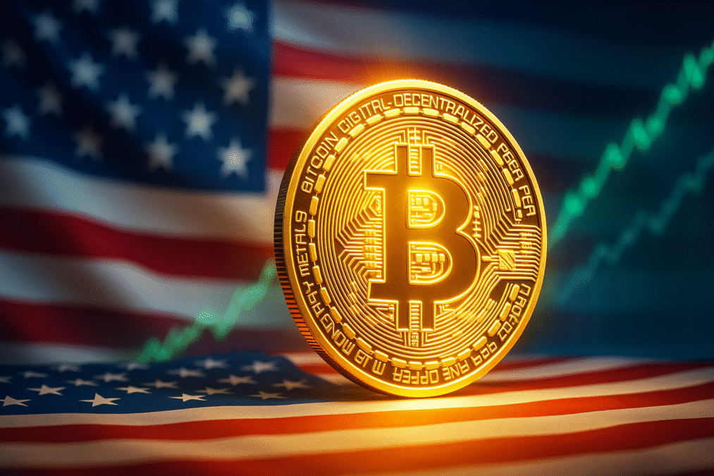 Imagem de uma moeda de Bitcoin dourada brilhando sobre uma bandeira dos Estados Unidos, com gráficos de mercado em alta ao fundo.