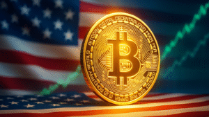 Imagem de uma moeda de Bitcoin dourada brilhando sobre uma bandeira dos Estados Unidos, com gráficos de mercado em alta ao fundo.