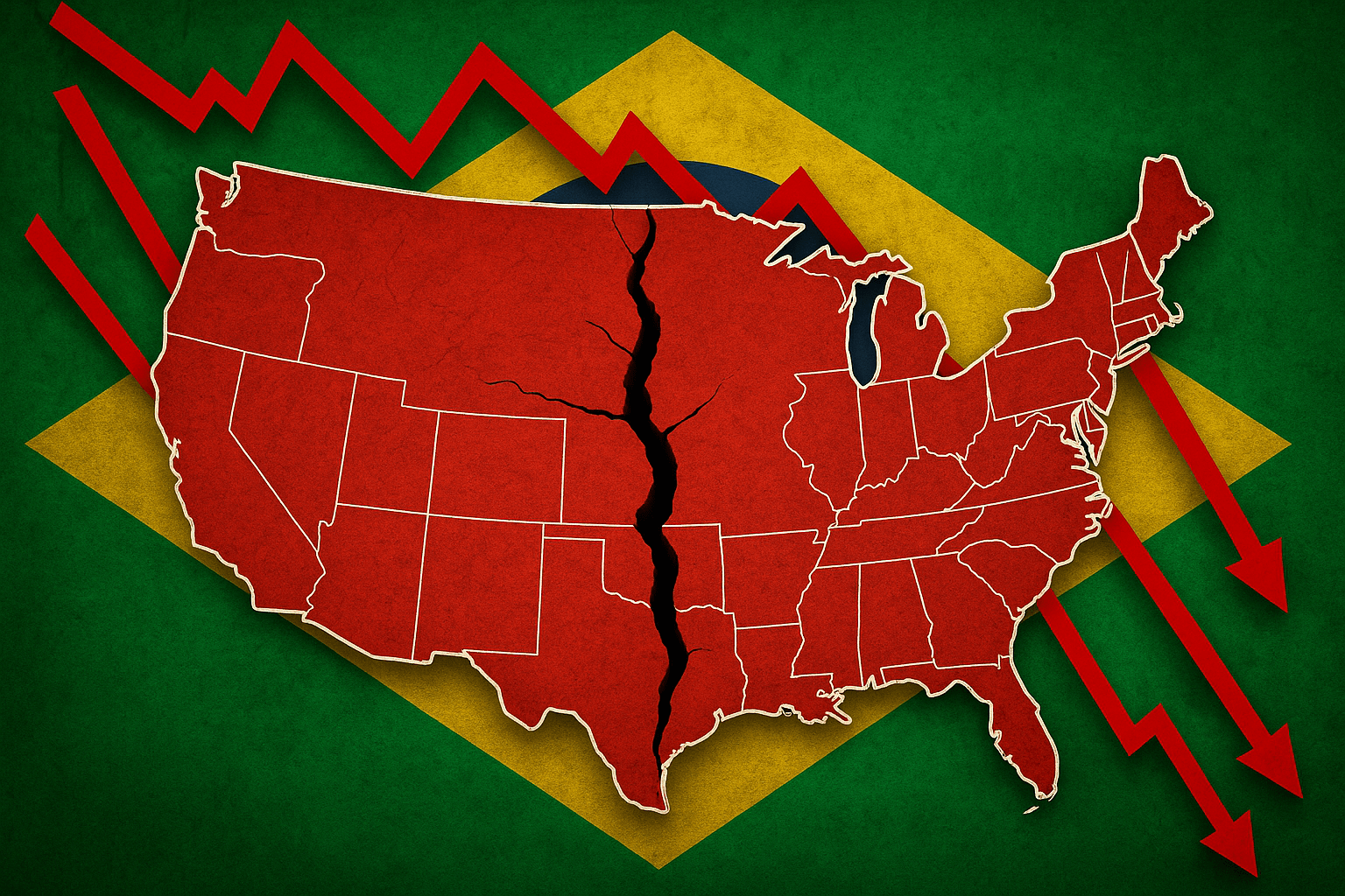 Gráfico de mercado em queda sobre bandeiras dos EUA e Brasil, mostrando crise e impacto nos emergentes.