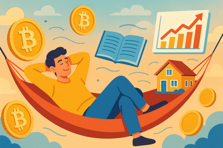Pessoa relaxando enquanto símbolos de renda passiva digital e investimentos circulam ao redor