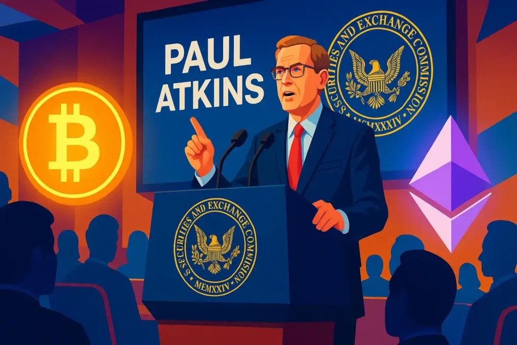 Ilustração de Paul Atkins em conferência da SEC, com ícones de Bitcoin e Ethereum, simbolizando nova regulação de criptomoedas.