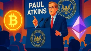 Ilustração de Paul Atkins em conferência da SEC, com ícones de Bitcoin e Ethereum, simbolizando nova regulação de criptomoedas.