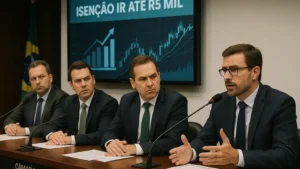 Fotografia de audiência na Câmara dos Deputados debatendo autorizado do IR até R$ 5 mil, com gráficos financeiros na tela ao fundo.