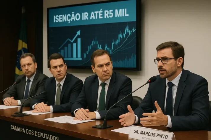 Fotografia de audiência na Câmara dos Deputados debatendo autorizado do IR até R$ 5 mil, com gráficos financeiros na tela ao fundo.