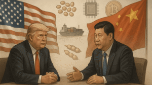 Acordo entre EUA e China com Trump e o presidente chinês em mesa de negociação, simbolizando trégua comercial e impactos globais.
