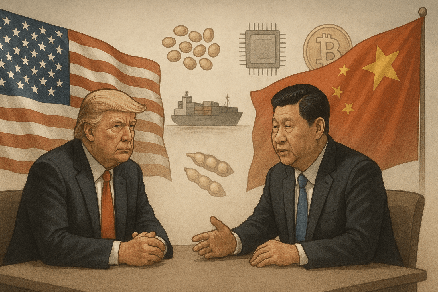 Acordo entre EUA e China com Trump e o presidente chinês em mesa de negociação, simbolizando trégua comercial e impactos globais.
