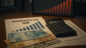 Mesa de escritório com calculadora, notas de real e dólar, e documentos financeiros, com gráfico de barras subindo ao fundo, simbolizando o aumento do IOF.