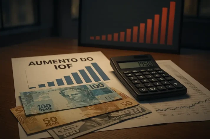 Mesa de escritório com calculadora, notas de real e dólar, e documentos financeiros, com gráfico de barras subindo ao fundo, simbolizando o aumento do IOF.