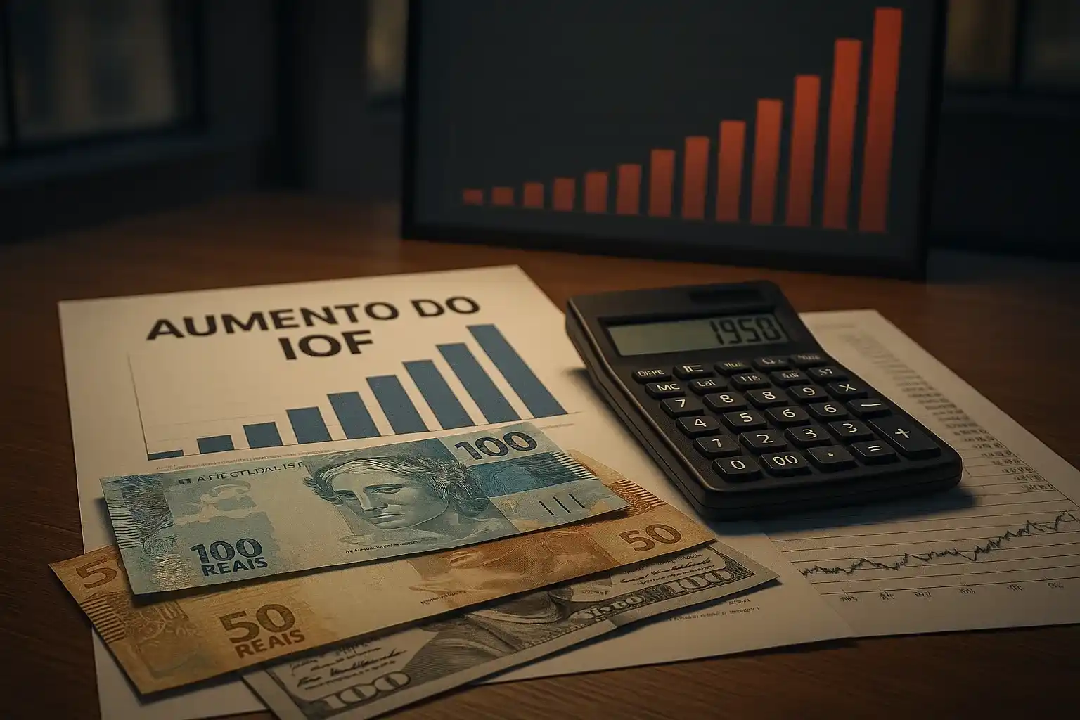 Mesa de escritório com calculadora, notas de real e dólar, e documentos financeiros, com gráfico de barras subindo ao fundo, simbolizando o aumento do IOF.