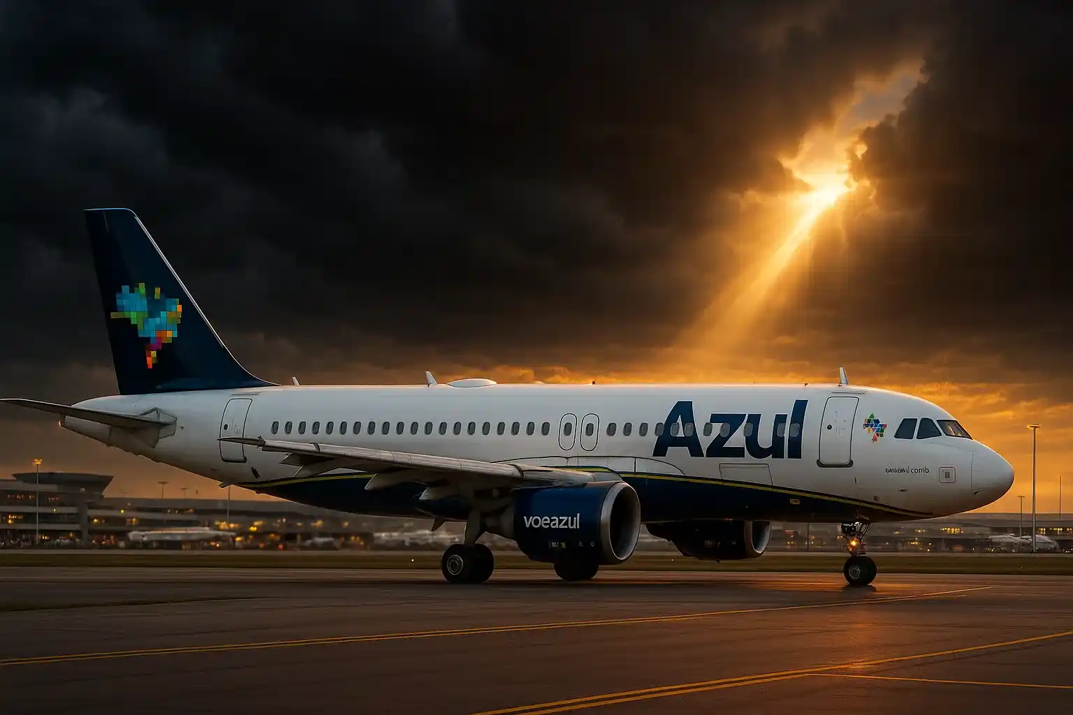 Avião da Azul Linhas Aéreas em um aeroporto ao pôr do sol, com nuvens escuras e um raio de luz simbolizando crise e esperança.