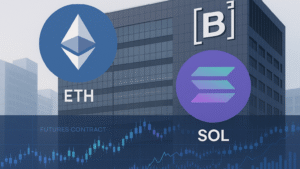 Ilustração da Bolsa B3 com gráficos digitais e os logotipos do Ethereum e Solana, representando o lançamento de contratos futuros de criptoativos.