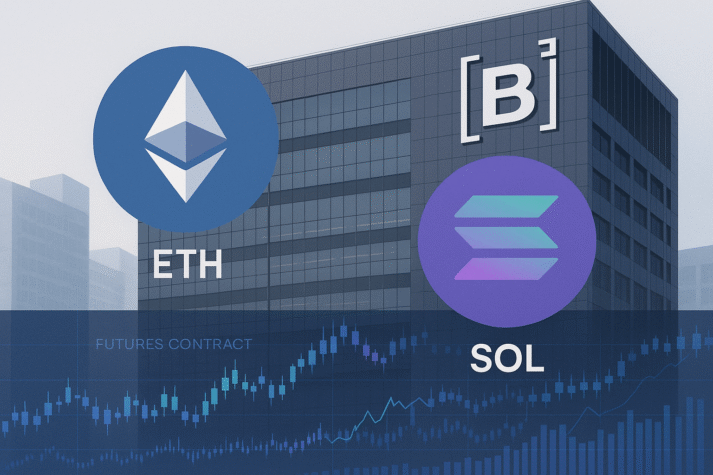 Ilustração da Bolsa B3 com gráficos digitais e os logotipos do Ethereum e Solana, representando o lançamento de contratos futuros de criptoativos.