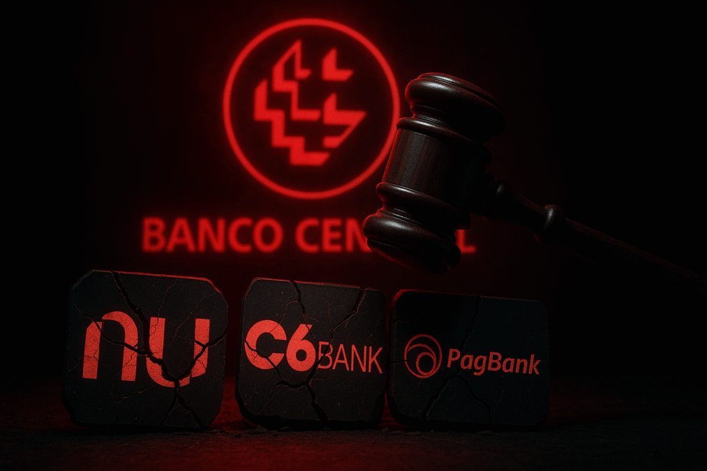 Logos rachados do Nubank, C6, e PagBank sob um martelo simbólico do Banco Central.