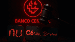 Logos rachados do Nubank, C6, e PagBank sob um martelo simbólico do Banco Central.