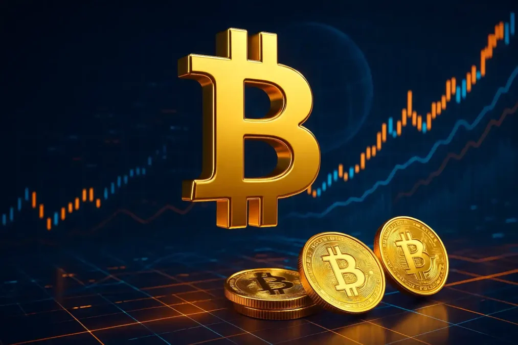 Ilustração 3D realista do logotipo do Bitcoin com gráficos de mercado em alta e fundo digital futurista.