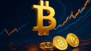 Ilustração 3D realista do logotipo do Bitcoin com gráficos de mercado em alta e fundo digital futurista.