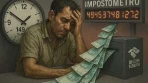Trabalhador exausto com relógio marcando 149 dias e notas de Real escoando para um cofre da Receita Federal, simbolizando a carga tributária de 2025.