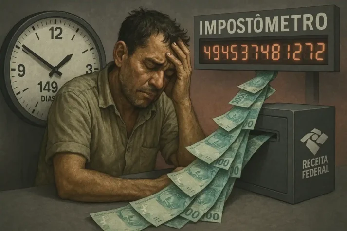 Trabalhador exausto com relógio marcando 149 dias e notas de Real escoando para um cofre da Receita Federal, simbolizando a carga tributária de 2025.