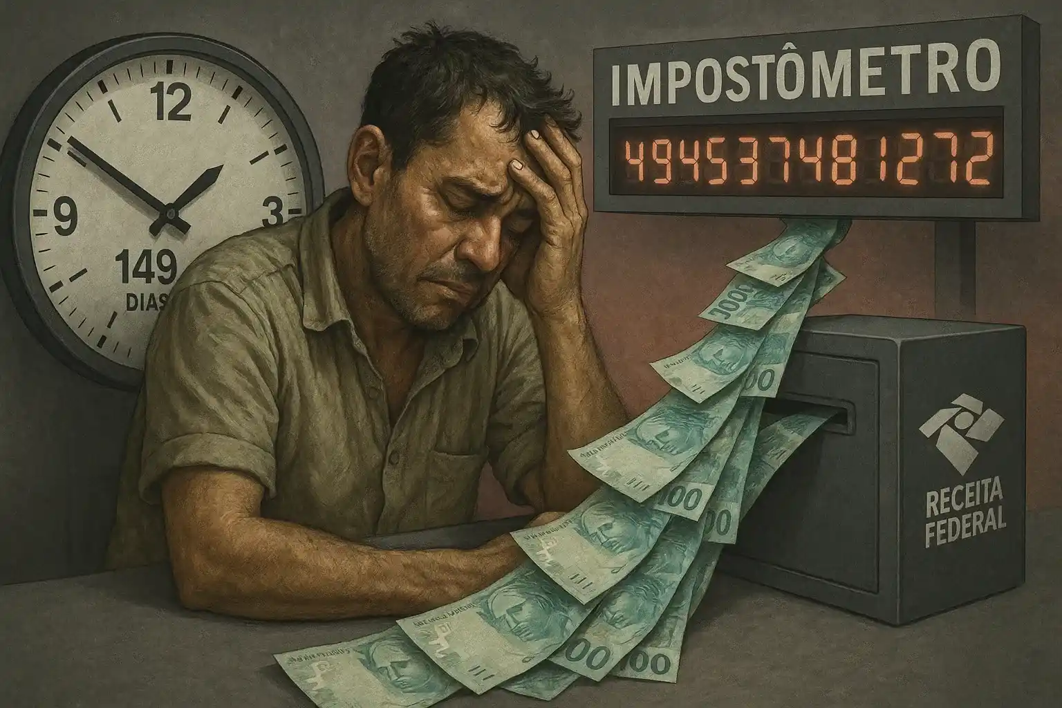 Trabalhador exausto com relógio marcando 149 dias e notas de Real escoando para um cofre da Receita Federal, simbolizando a carga tributária de 2025.