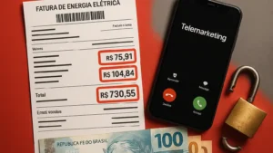 Fatura de energia elétrica com cobranças indevidas destacadas, ao lado de um telefone e cadeado quebrado, simbolizando fraudes em contas de luz.
