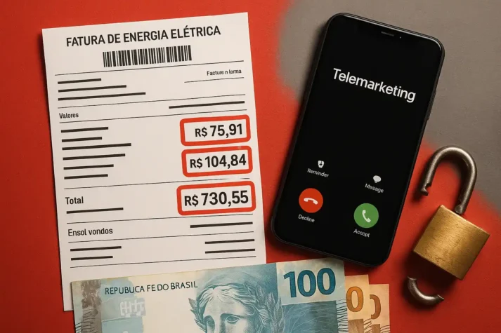 Fatura de energia elétrica com cobranças indevidas destacadas, ao lado de um telefone e cadeado quebrado, simbolizando fraudes em contas de luz.