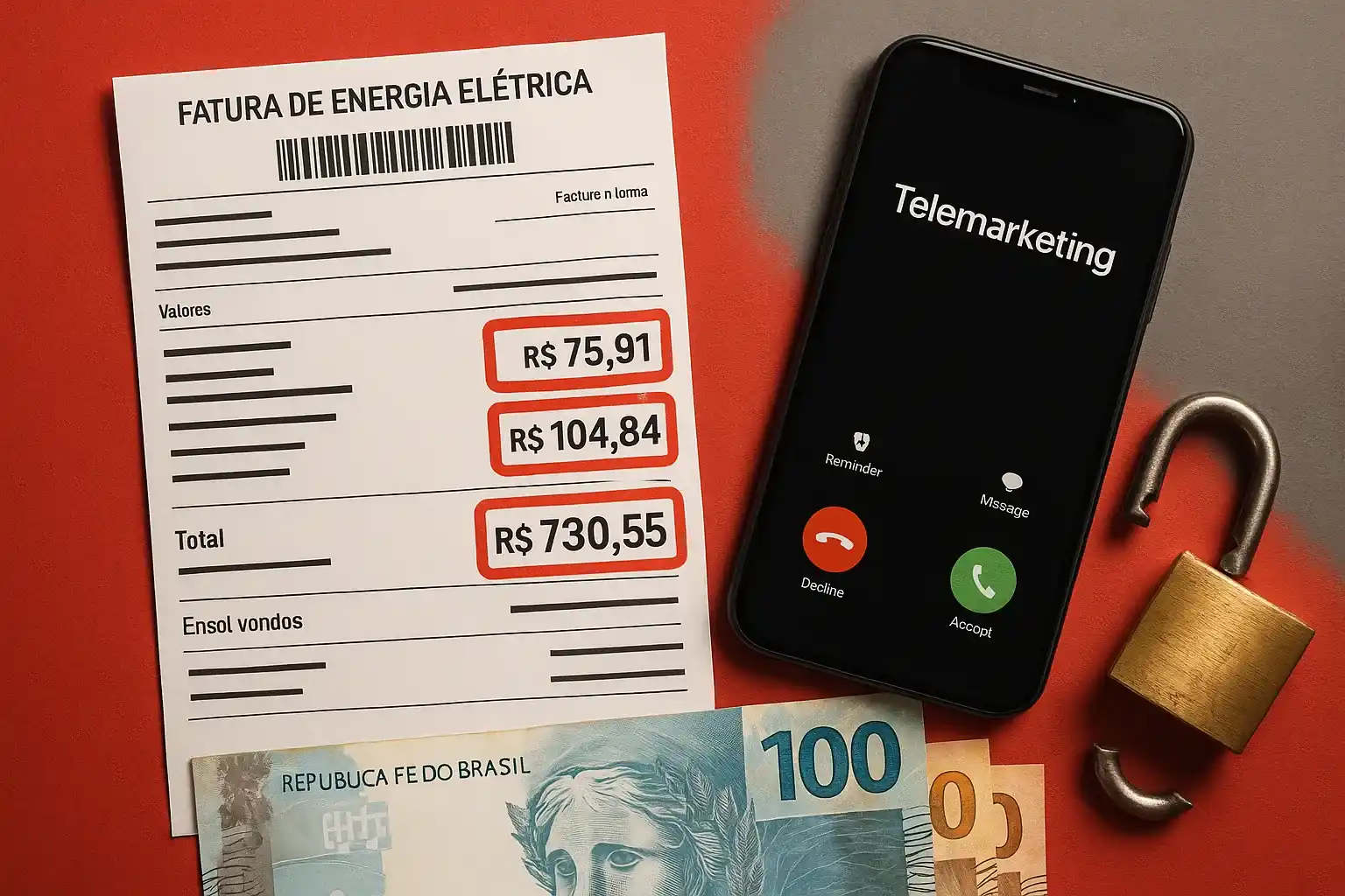 Fatura de energia elétrica com cobranças indevidas destacadas, ao lado de um telefone e cadeado quebrado, simbolizando fraudes em contas de luz.