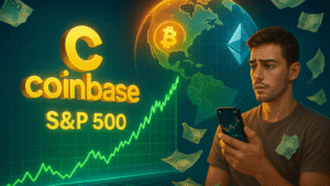 Ilustração 3D do logotipo da Coinbase sobre gráficos do S&P 500, com globo destacando o Brasil, moedas de Bitcoin e Ethereum, e investidor brasileiro com notas de reais rasgadas.