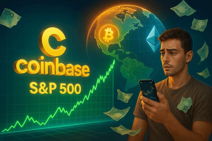 Ilustração 3D do logotipo da Coinbase sobre gráficos do S&P 500, com globo destacando o Brasil, moedas de Bitcoin e Ethereum, e investidor brasileiro com notas de reais rasgadas.