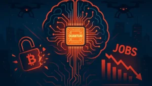 Chip quântico e cérebro de IA quebrando cadeados do Bitcoin, com drones vigilantes e gráfico de empregos caindo, simbolizando riscos de 2025.