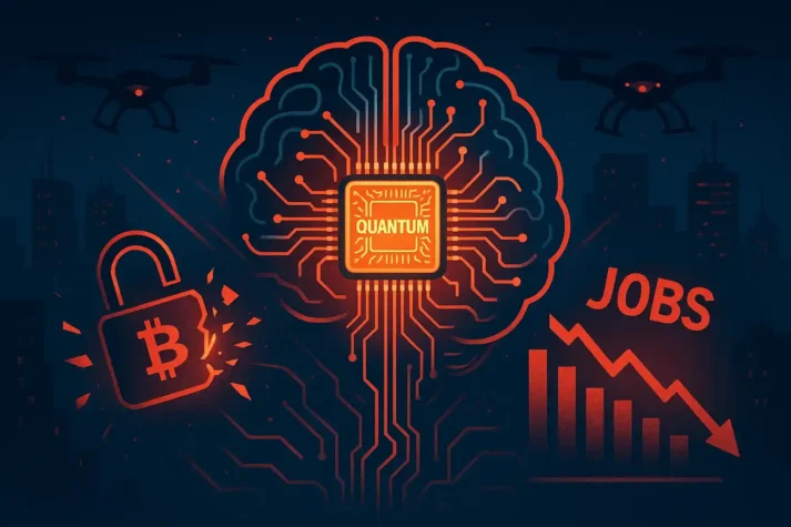Chip quântico e cérebro de IA quebrando cadeados do Bitcoin, com drones vigilantes e gráfico de empregos caindo, simbolizando riscos de 2025.
