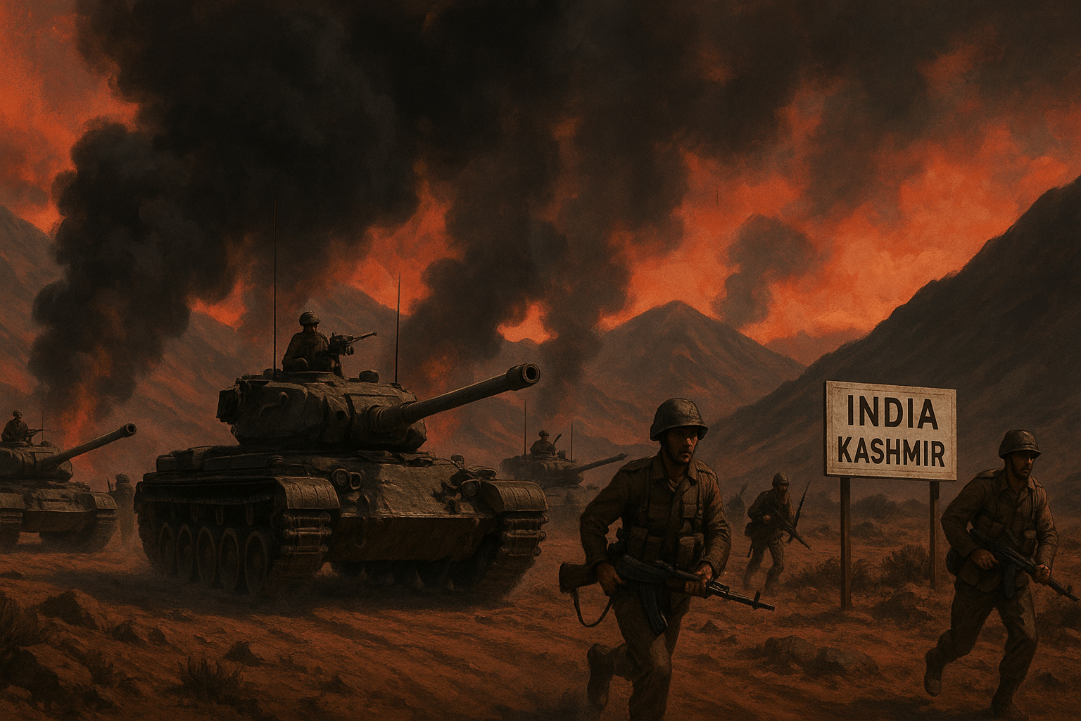 Ilustração mostrando tanques indianos avançando na Caxemira enquanto fumaça sobe no céu, sugerindo risco de conflito nuclear entre Índia e Paquistão em 2025.