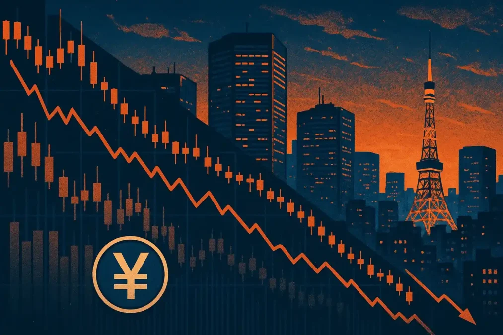Ilustração de Tóquio ao entardecer com arranha-céus e gráficos de mercado em queda, refletindo a crise econômica no Japão.