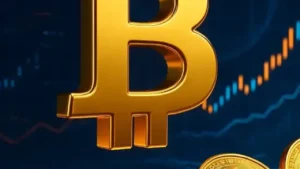 Ilustração 3D realista do logotipo do Bitcoin com gráficos de mercado em alta e fundo digital futurista.