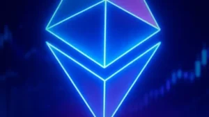 Gráfico 3D de preços com logotipo Ethereum em azul e linhas de resistência/suporte.