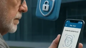 Idoso usa aplicativo Meu INSS com biometria facial, ao fundo sede da Dataprev e cofre digital.