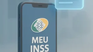 Smartphone com Meu INSS e documento holográfico, ao fundo agência do INSS em azul e dourado.