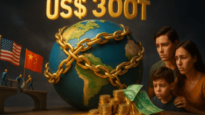 Ilustração 3D de globo com correntes douradas simbolizando dívida global de US$ 300 trilhões, bandeiras dos EUA e China com ponte reparada e família brasileira com notas derretendo, representando inflação.