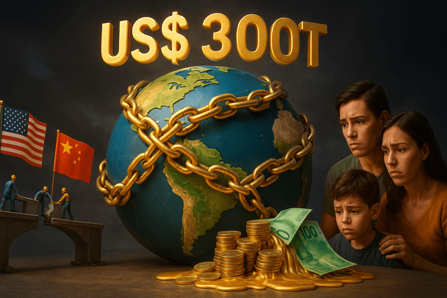 Ilustração 3D de globo com correntes douradas simbolizando dívida global de US$ 300 trilhões, bandeiras dos EUA e China com ponte reparada e família brasileira com notas derretendo, representando inflação.