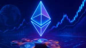 Ilustração 3D realista do logotipo do Ethereum com gráficos de mercado em alta e fundo digital futurista.